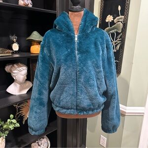 Bagatelle NYC Dark Teal Faux Fur Hooded Jacket – Size XS (Oversized Fit)